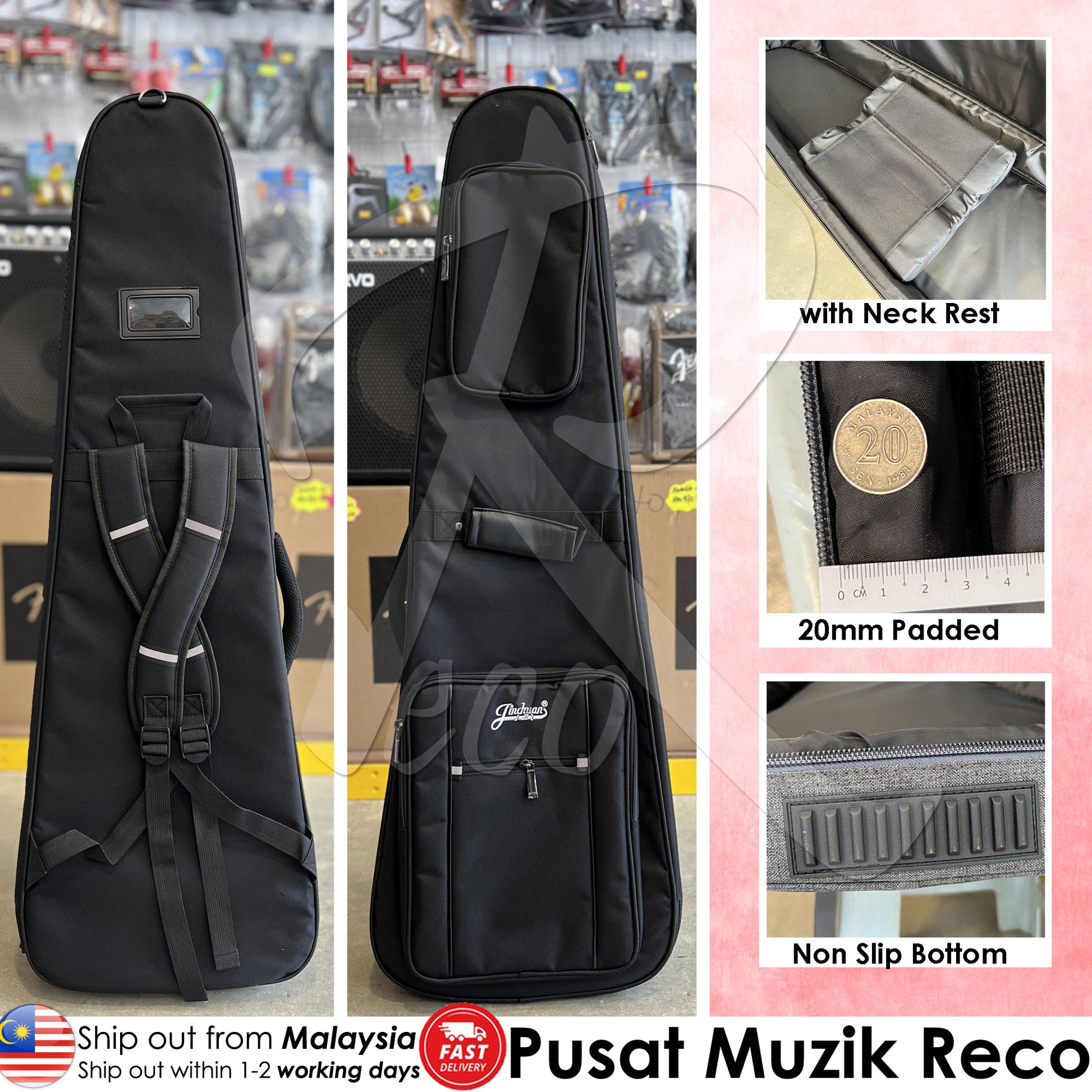 RM REB300-JC-B2213 20mm Thick Padded Electric Guitar Bag with Neck Rest Double Shoulder Strap, Black - Reco Music Malaysia