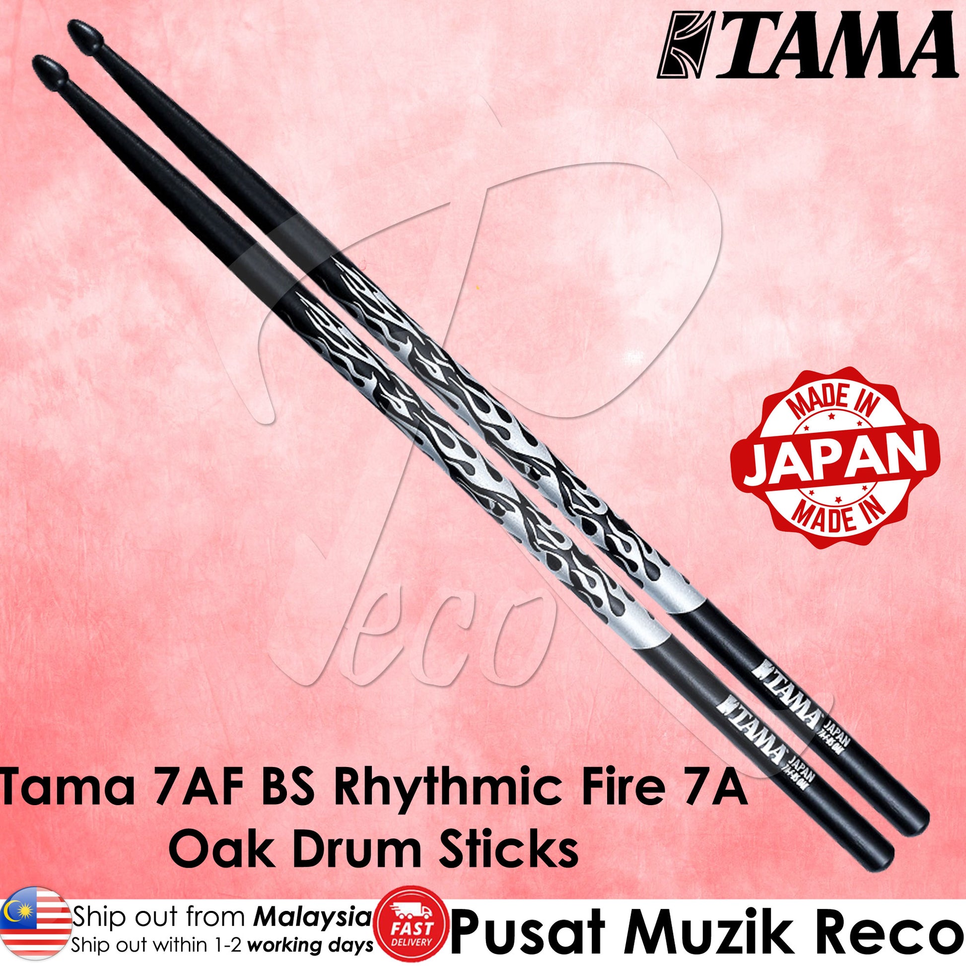 Tama 7A-F-BS Rhythmic Fire Japanese Oak 5B Drumsticks, Black Flame - Reco Music Malaysia