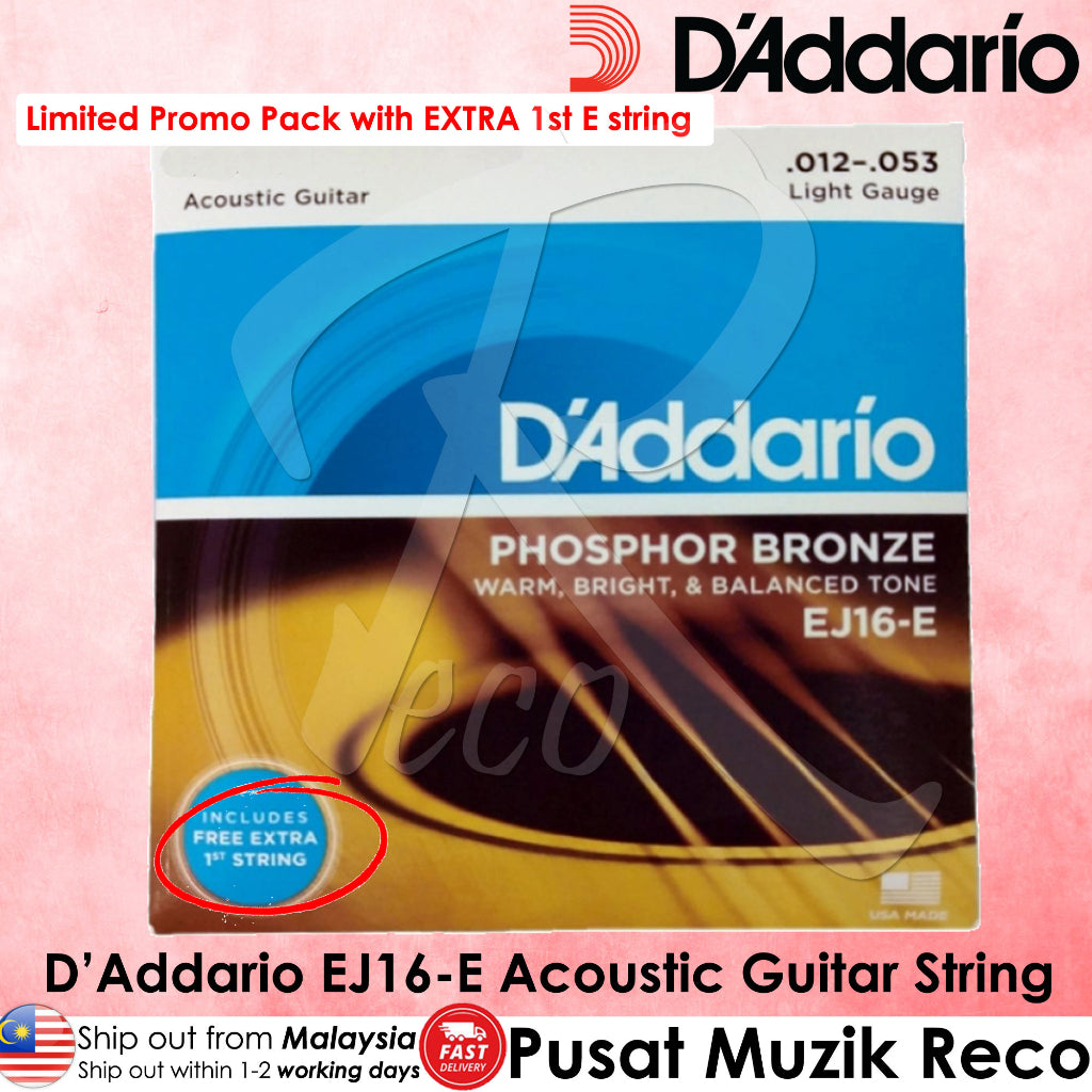 *D'Addario EJ16 Phosphor Bronze Acoustic Strings, 12-53 Light - Reco Music Malaysia