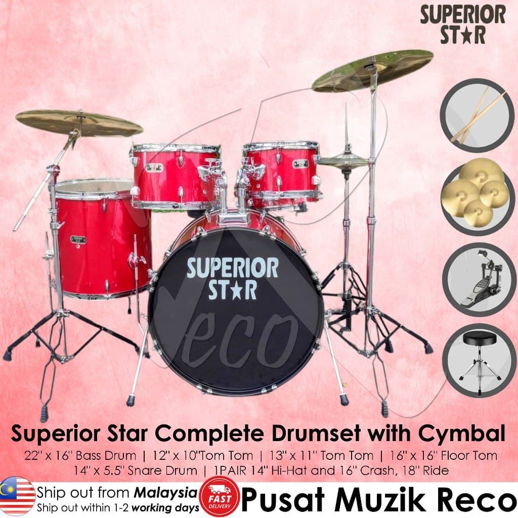 Superiorstar JBP1709B 5-piece Drum Set With Cymbal Set (Red) - Reco Music Malaysia