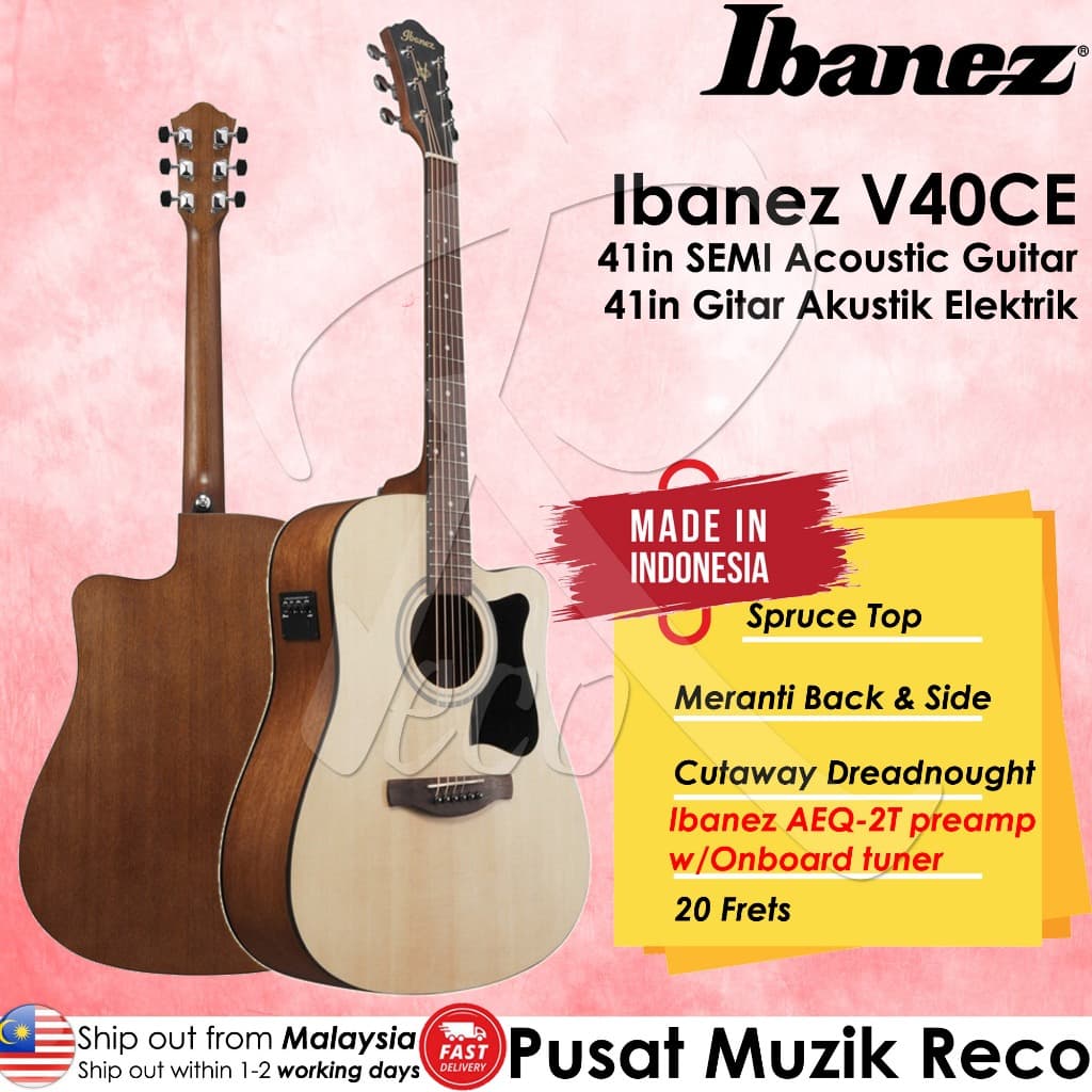 *Ibanez V40CE-OPN Acoustic Electric Guitar, Open Pore Natural - Reco Music Malaysia