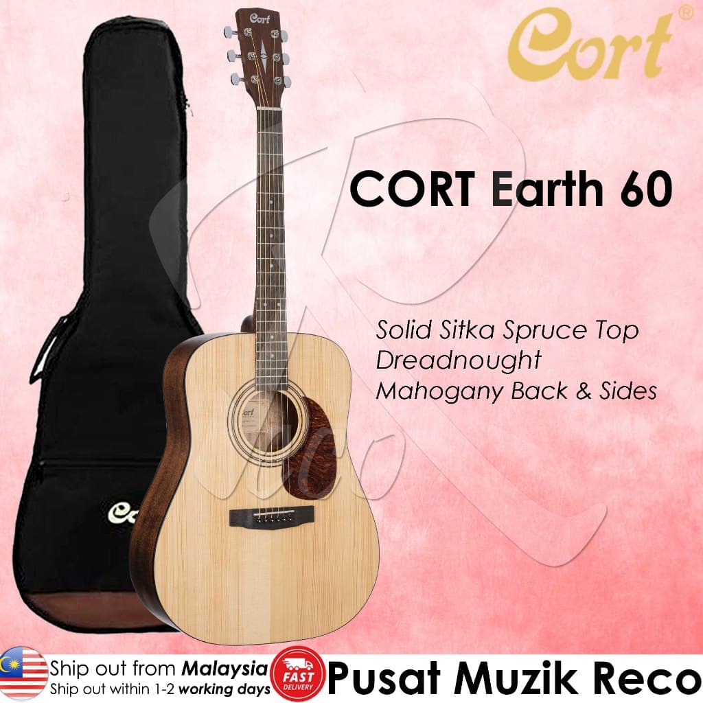 *Cort Earth 60 Acoustic Guitar with Bag, Open Pore - Reco Music Malaysia