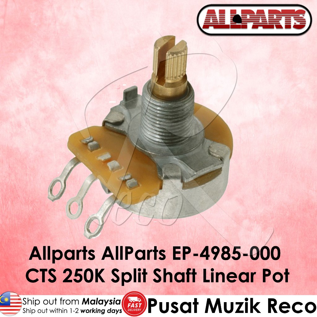 Allparts CTS 250K Split Shaft Linear Pot on a pink background with Allparts logo - Reco Music Malaysia