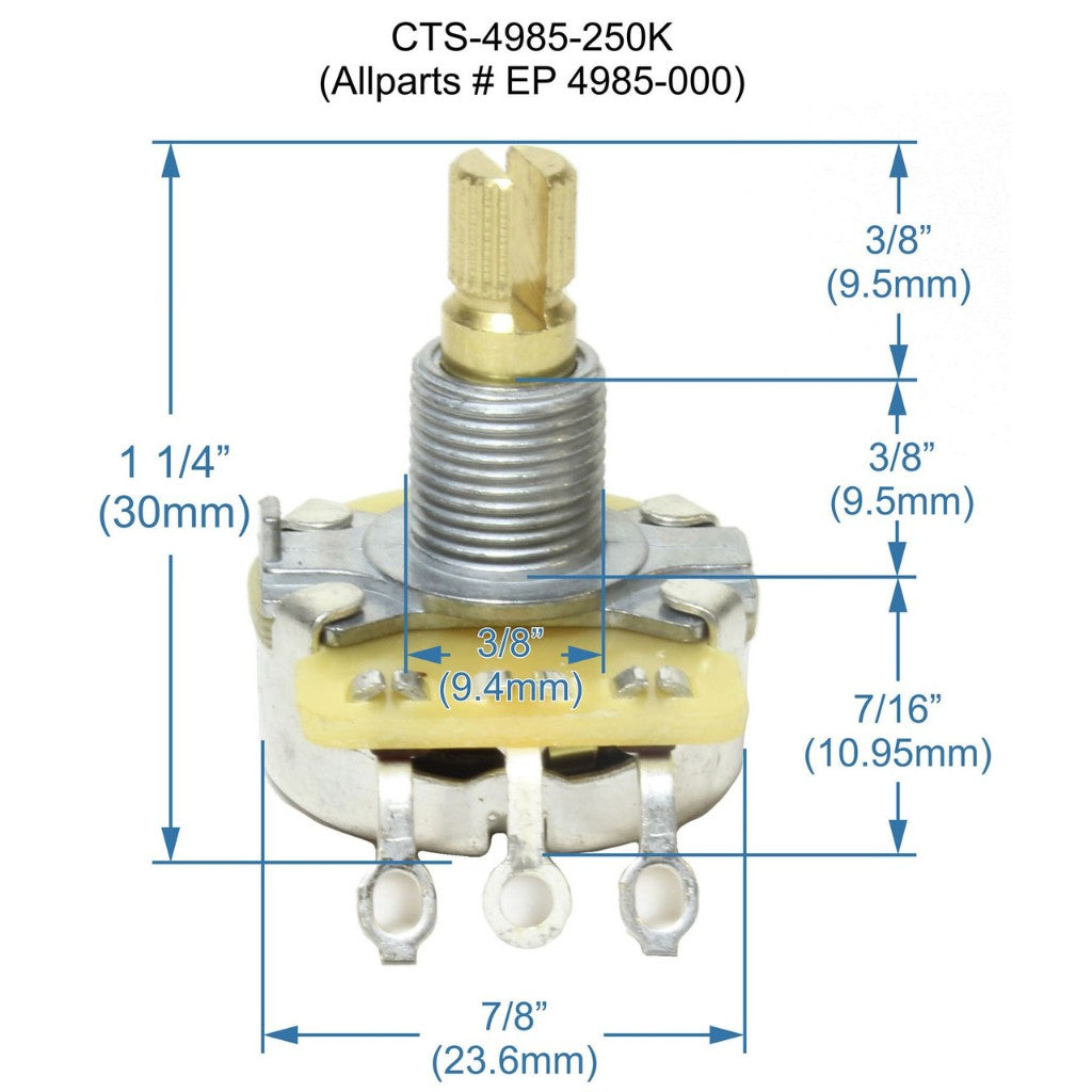 Technical drawing of a potentiometer with dimensions labeled - Reco Music Malaysia