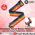 D'Addario Planet Waves rainbow guitar strap with brand logo on a pink background - Reco Music Malaysia