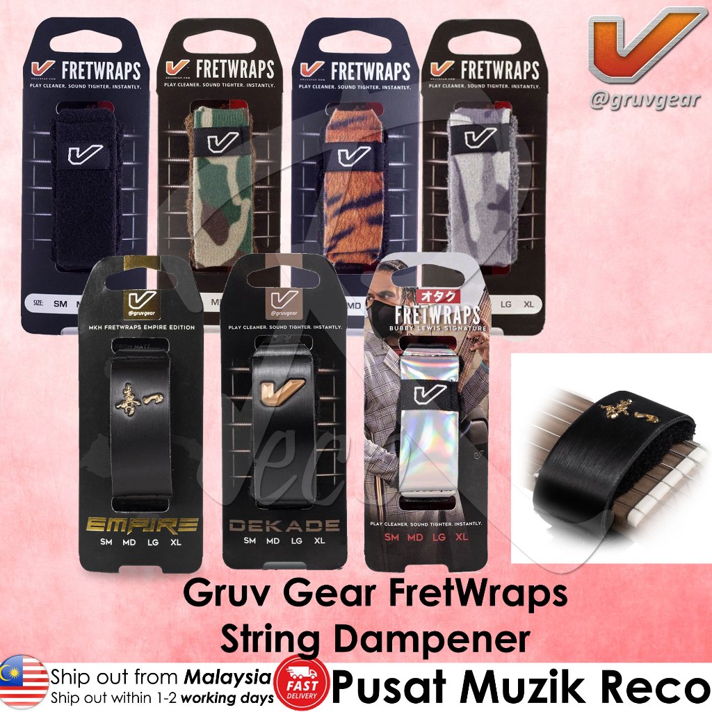 Gruv Gear FretWraps string dampener packaging with product display on a pink background