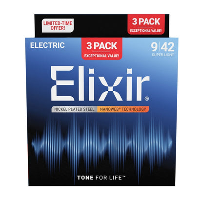 Elixir Strings 16566 Nanoweb Coated Electric Nickel Plated Steel Guitar String Super Light 0942 3 Pack