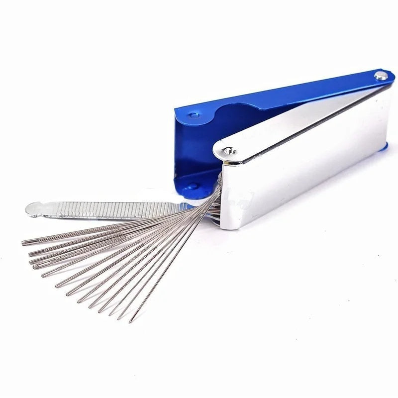A set of stainless steel lock pick needles fanned out from a blue and silver metal holder on a plain white background.