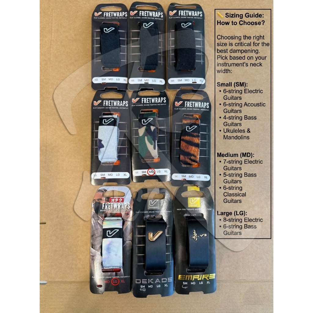 Packaged fretwraps with a sizing guide on a cardboard background