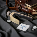 Gavel, leather briefcase, books, and watches on a dark fabric background with a 'Father's Day' card.
