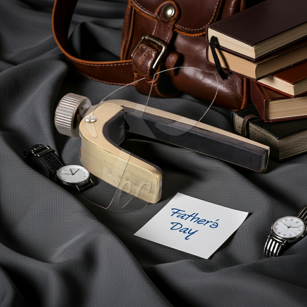 Gavel, leather briefcase, books, and watches on a dark fabric background with a 'Father's Day' card.