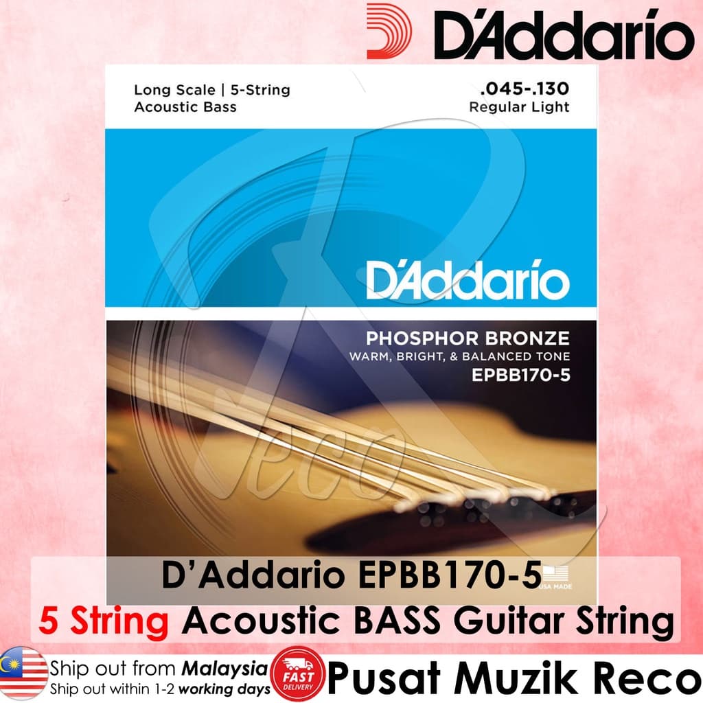 *D'Addario EPBB170-5 Regular Light 5-String Long Scale Coated Acoustic Bass Strings - Reco Music Malaysia