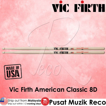 Vic Firth 8D American Classic Series 8D Drumsticks, Natural, Wood Tip - Reco Music Malaysia