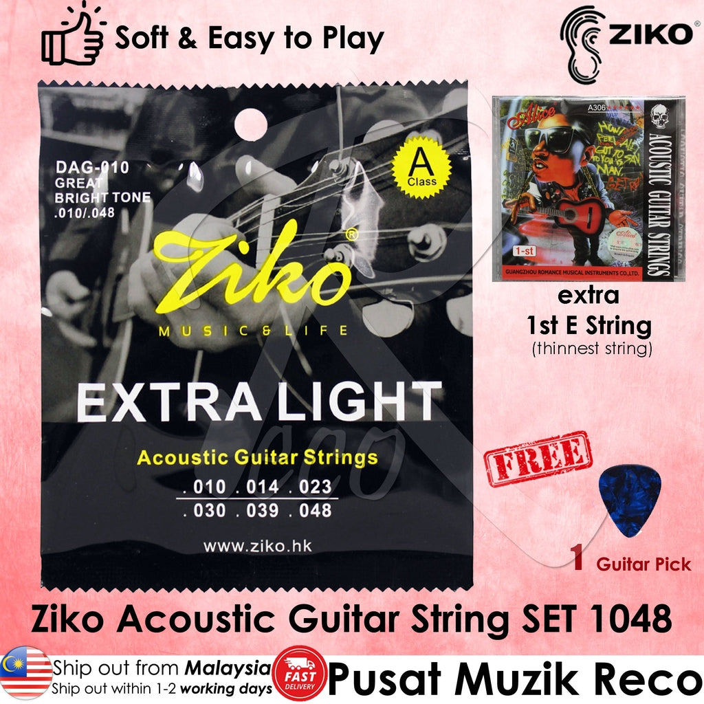 Ziko Acoustic Guitar String 1048 Extra Light with Extra 1st E String - Reco Music Malaysia