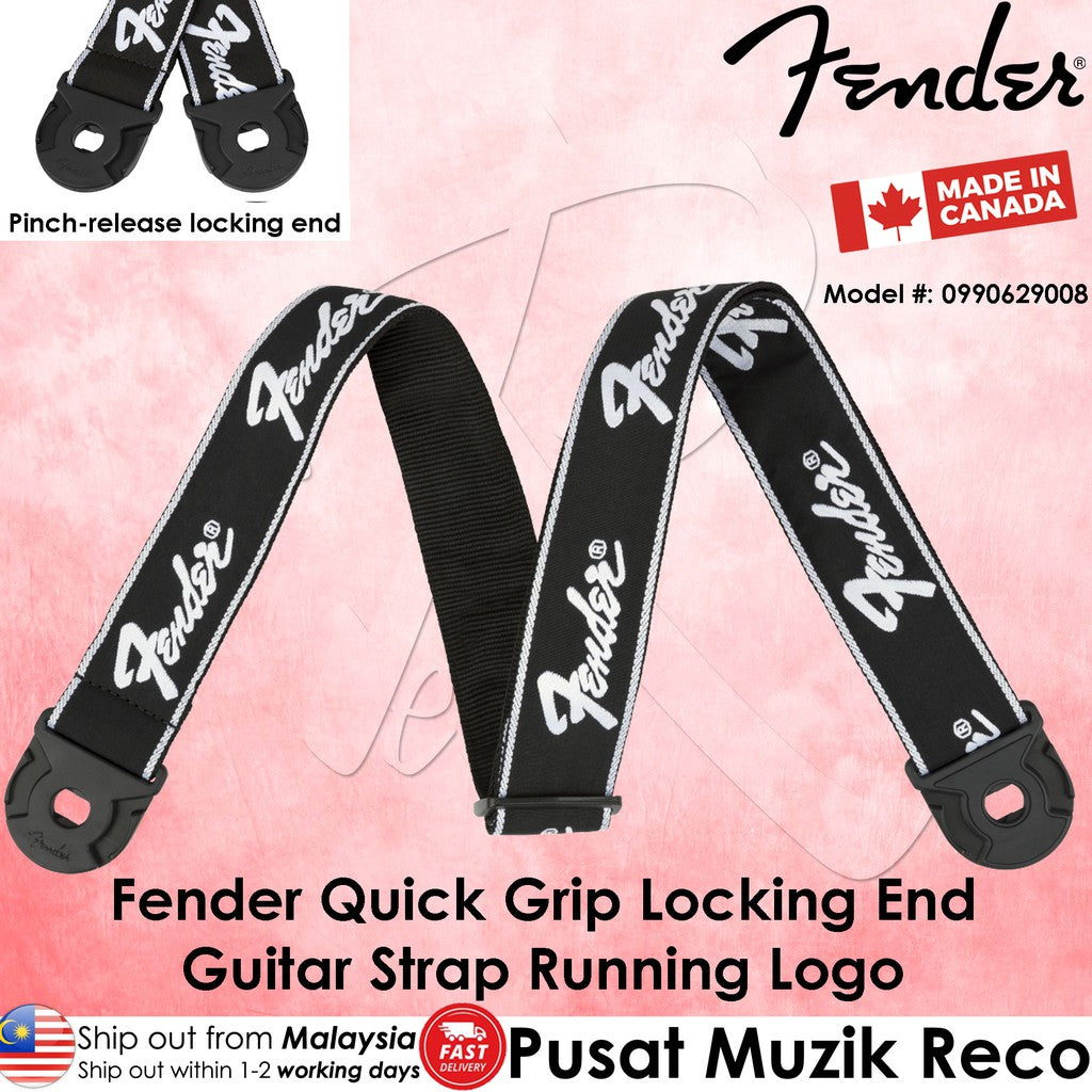 Fender 0990629008 Black With White Running Logo Quick Grip Locking End Straps - Reco Music Malaysia