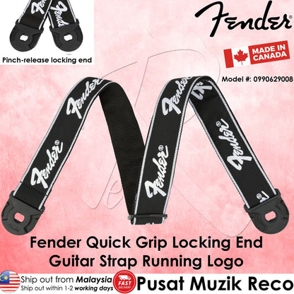 Fender 0990629008 Black With White Running Logo Quick Grip Locking End Straps - Reco Music Malaysia