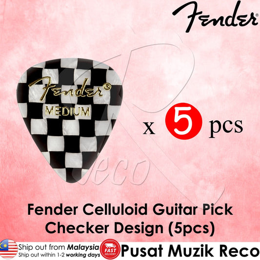 Fender 351 Shape Graphic Celluloid Guitar Pick Checker Design 5pcs - Reco Music Malaysia