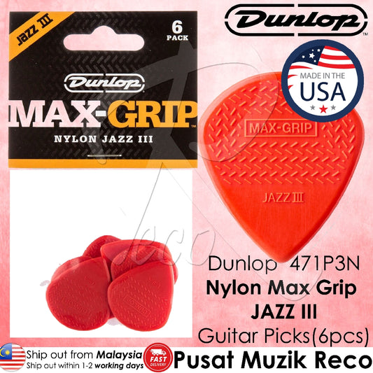 Jim Dunlop 471P3N Red Nylon Max Grip Jazz III 1.38mm Guitar Picks Player Pack - Reco Music Malaysia