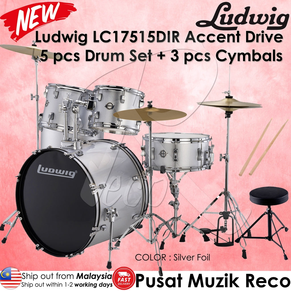 Ludwig LC17515DIR Silver Foil Accent Drive 5 Piece Drum Set | Reco Music Malaysia