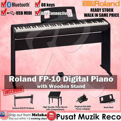 Roland FP-10 FULL SET 88 keys Digital Piano with Bench, Wooden Stand, DP-2 Pedal, Note Stand and Adapter - Reco Music Malaysia