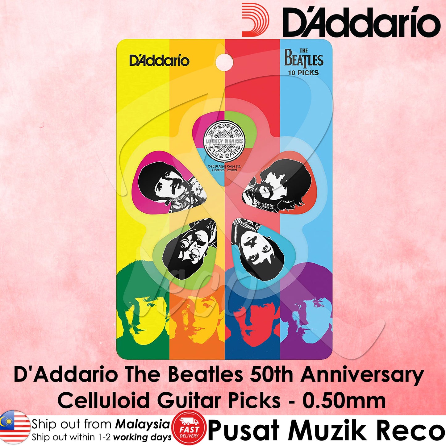 D'Addario 1CWH4-10B6 The Beatles 50th Anniversary Signature Guitar Picks(.50mm), x10pcs - Reco Music Malaysia