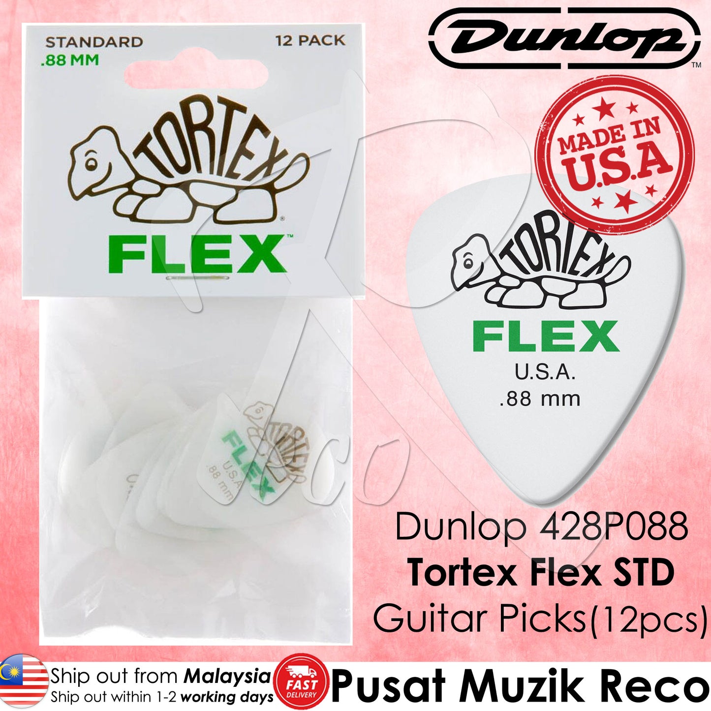 Jim Dunlop 428P088 Tortex Flex Standard Guitar Pick 0.88mm Guitar Picks Player Pack - Reco Music Malaysia