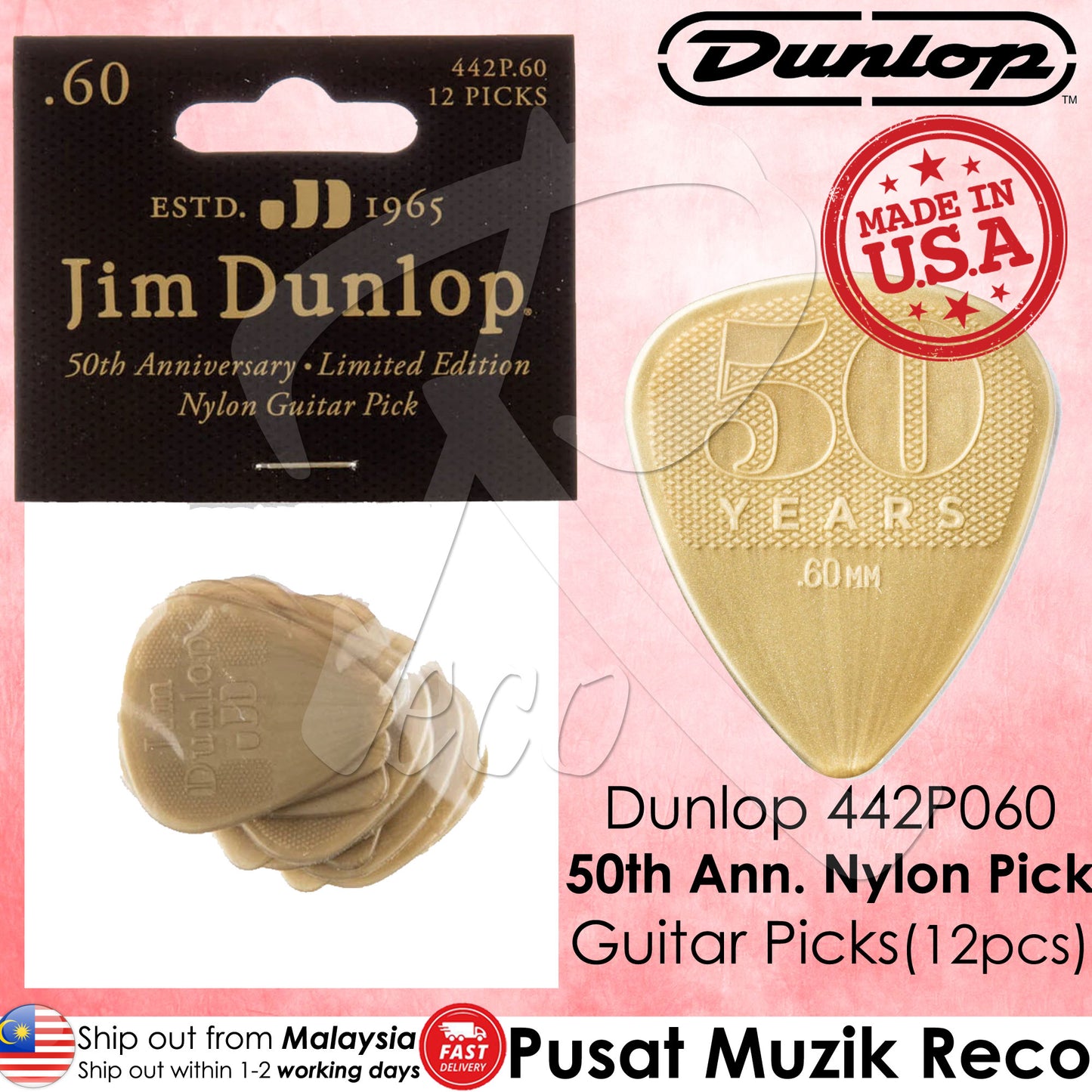 Jim Dunlop 442P060 50th Anniversary Gold Nylon Guitar Pick 0.60mm Guitar Picks Player Pack - Reco Music Malaysia