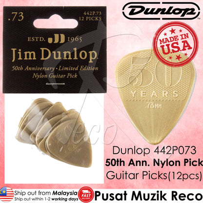 Jim Dunlop 442P073 50th Anniversary Gold Nylon Guitar Pick 0.73mm Guitar Picks Player Pack - Reco Music Malaysia