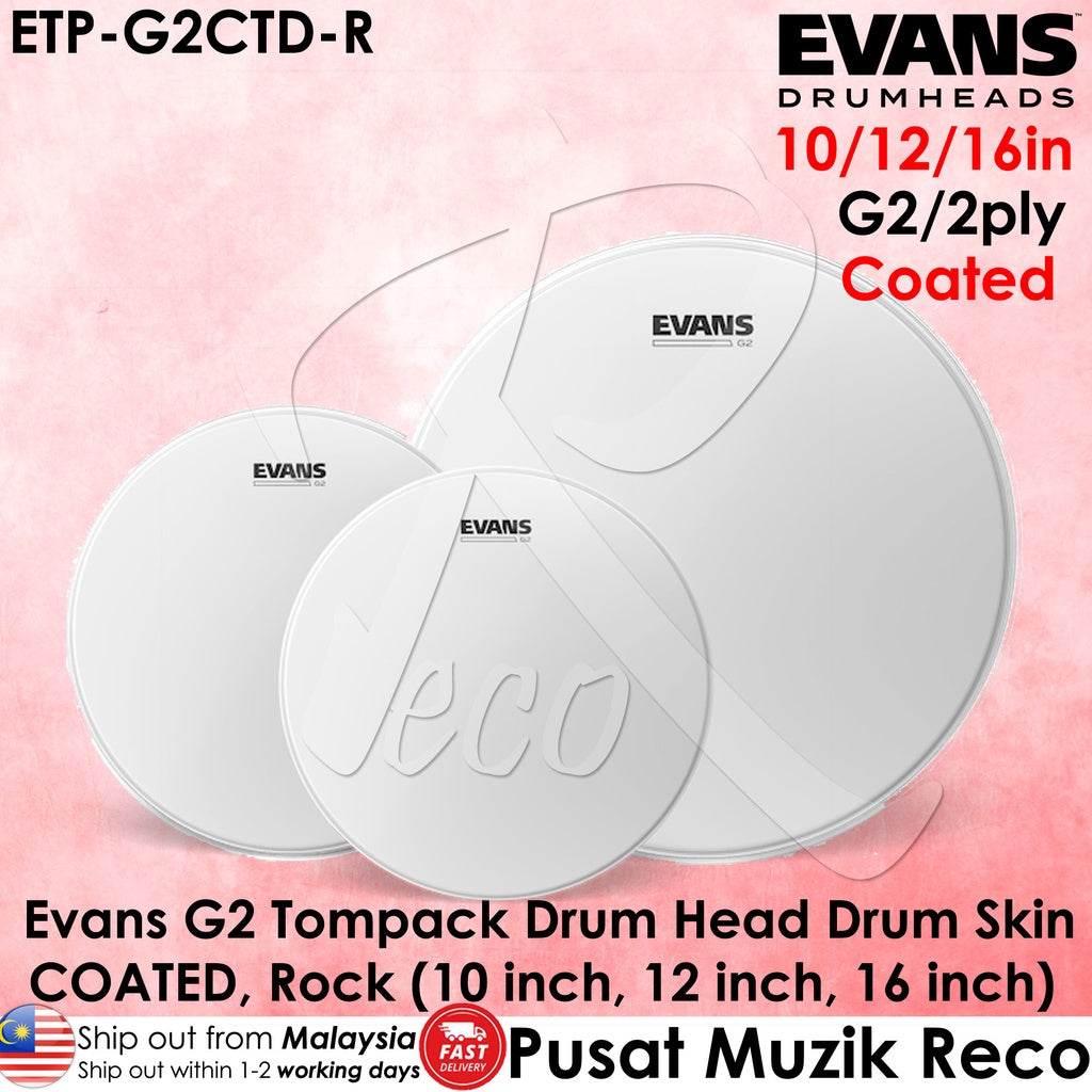 Three Evans G2 Coated drum heads of different sizes arranged in a line on a pink background, with the Evans logo visible on each drum head.