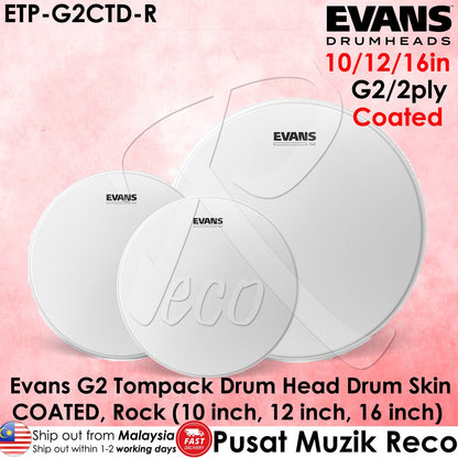 Three Evans G2 Coated drum heads of different sizes arranged in a line on a pink background, with the Evans logo visible on each drum head.