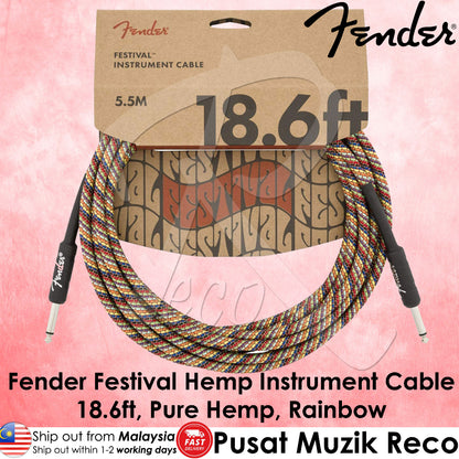 Packaging of Fender Festival Hemp Instrument Cable featuring a multicolored woven jacket cable, with specifications listed as 18.6 ft in length and 23 gauge in diameter.