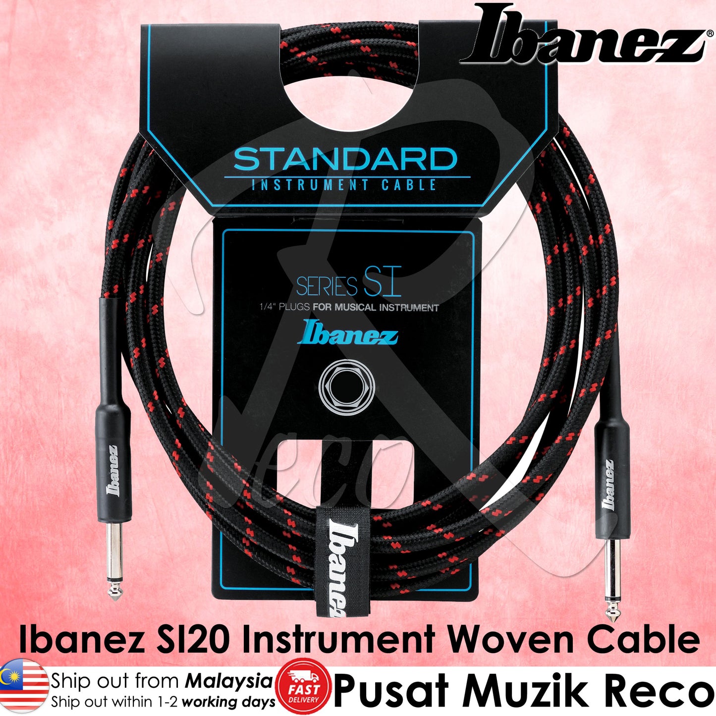 Ibanez SI20 BW Standard Woven Guitar Cable 20ft - Black Red - Reco Music Malaysia