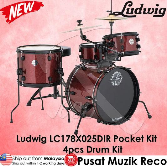 Ludwig LC178X025DIR Pocket Kit 4-Piece Drum Kit with 16" Bass Drum - Red Wine Sparkle | Reco Music Malaysia