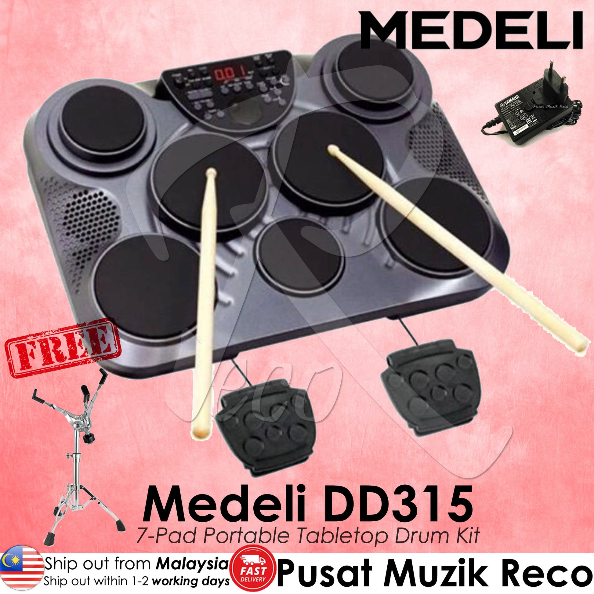 Medeli DD315 Portable Table Drum with 7 Pads, Touch Sensitive, 2 Pad Pedals - Reco Music Malaysia