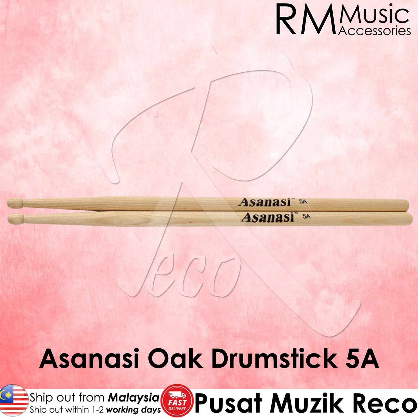 RM Asanasi 5A Oak Wood Tear Drop Tip Drumsticks - Reco Music Malaysia