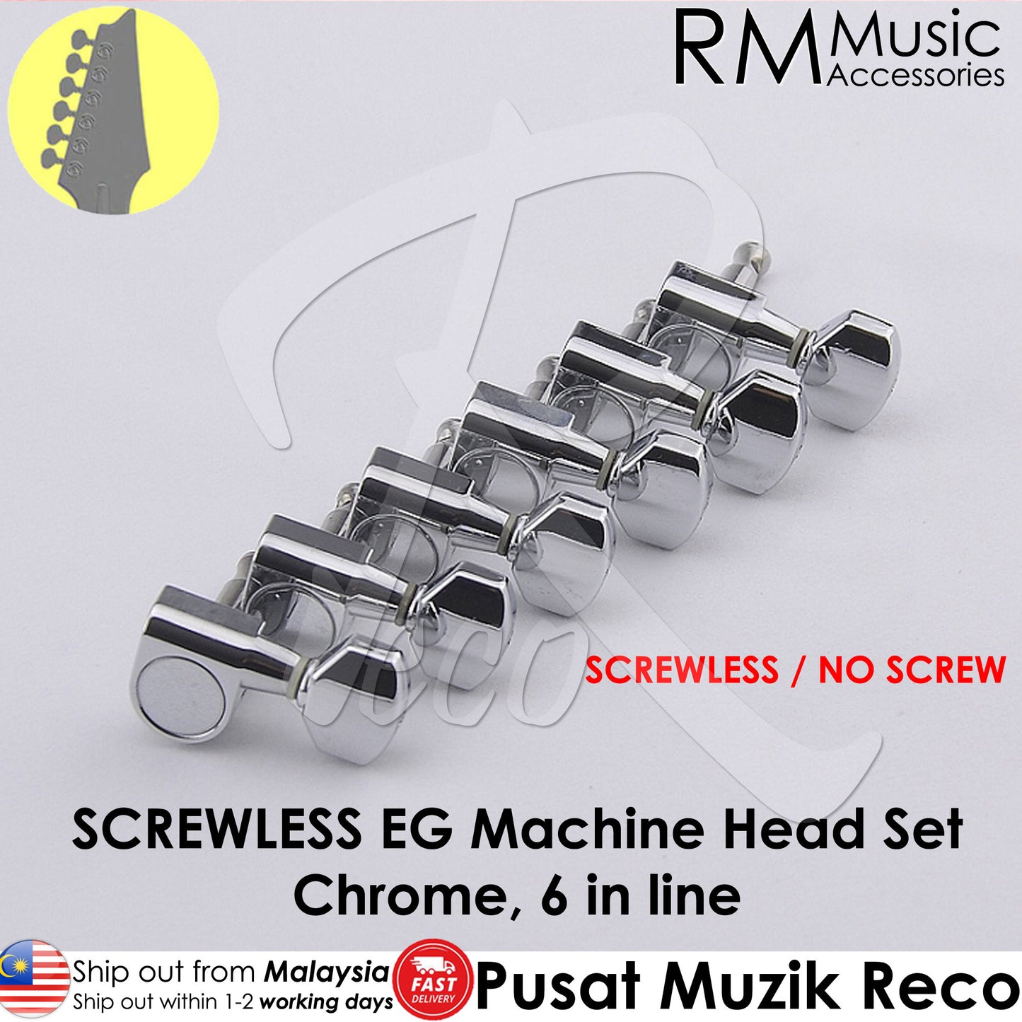 RM GF-1331 High Quality SCREWLESS / NO SCREW Electric Guitar Machine Head SET - Reco Music Malaysia