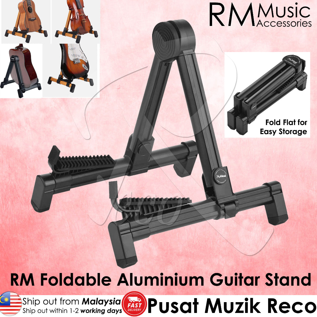 RM Aluminum Portable Foldable Guitar A-Frame Stand, displayed in various states of folding and use, with a carrying bag mentioned as an included item.