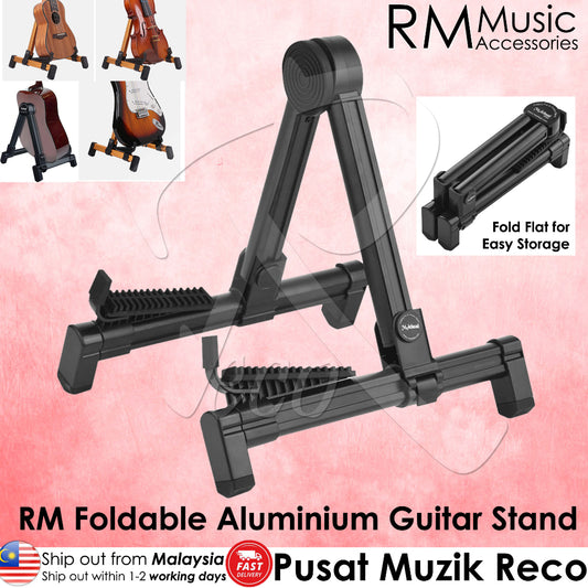 RM Aluminum Portable Foldable Guitar A-Frame Stand, displayed in various states of folding and use, with a carrying bag mentioned as an included item.