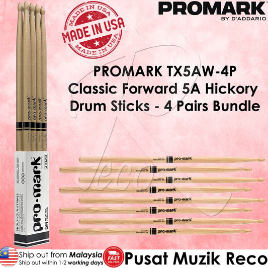 PROMARK TX5AW-4P TX5BW-4P TX7AW-4P Classic Forward 5A 5B 7A Hickory Drumstick 4 PAIRS BUNDLE BONUS PACK - Reco Music Malaysia