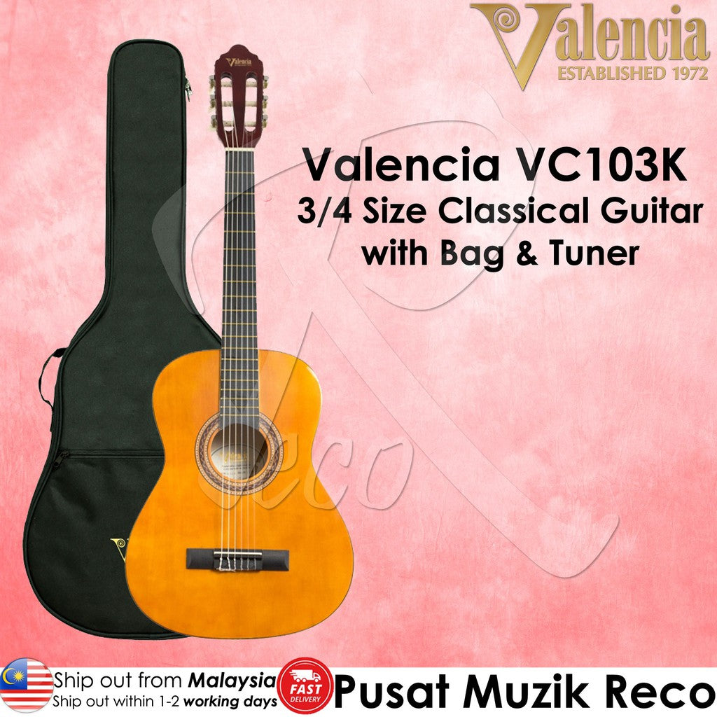 Valencia VC103 3/4 Size Student Beginner Classical Guitar with Bag & Tuner - Reco Music Malaysia