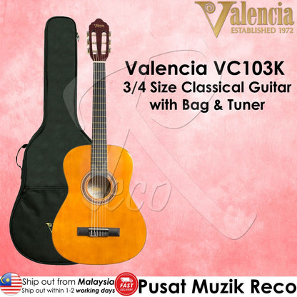 Valencia VC103 3/4 Size Student Beginner Classical Guitar with Bag & Tuner - Reco Music Malaysia