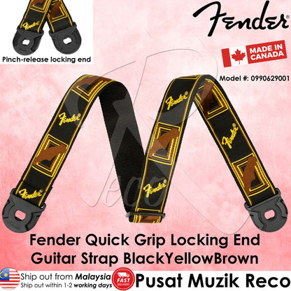 Fender 0990629001 Monogram Black Yellow Brown Quick Grip Locking End Strap - Reco Music Malaysia