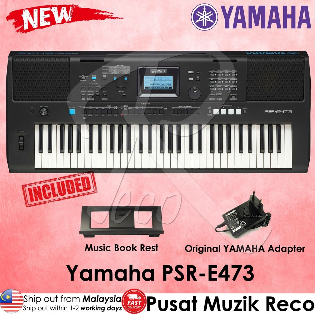 Yamaha PSR-E473 61 Keys Portable Keyboard with Original Adapter & Music Rest - Reco Music Malaysia