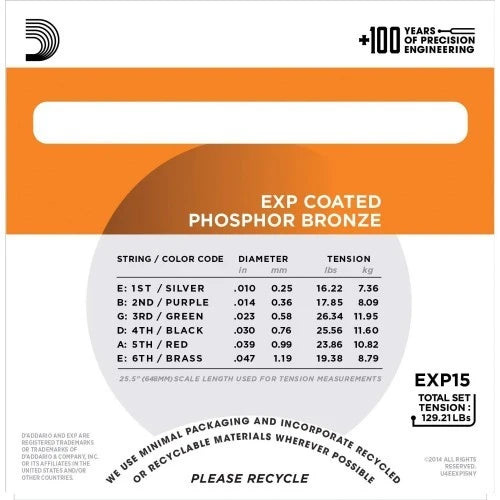 D'Addario EXP15 Coated Phosphor Bronze Acoustic Guitar String Extra Light 1047 - Reco Music Malaysia