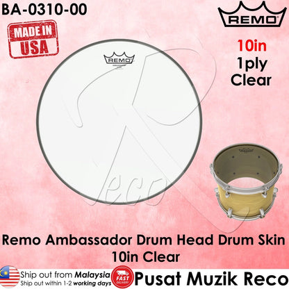 Remo BA-0310-00 Ambassador 10in Clear Tom Drum Head Drum Skin - Reco Music Malaysia