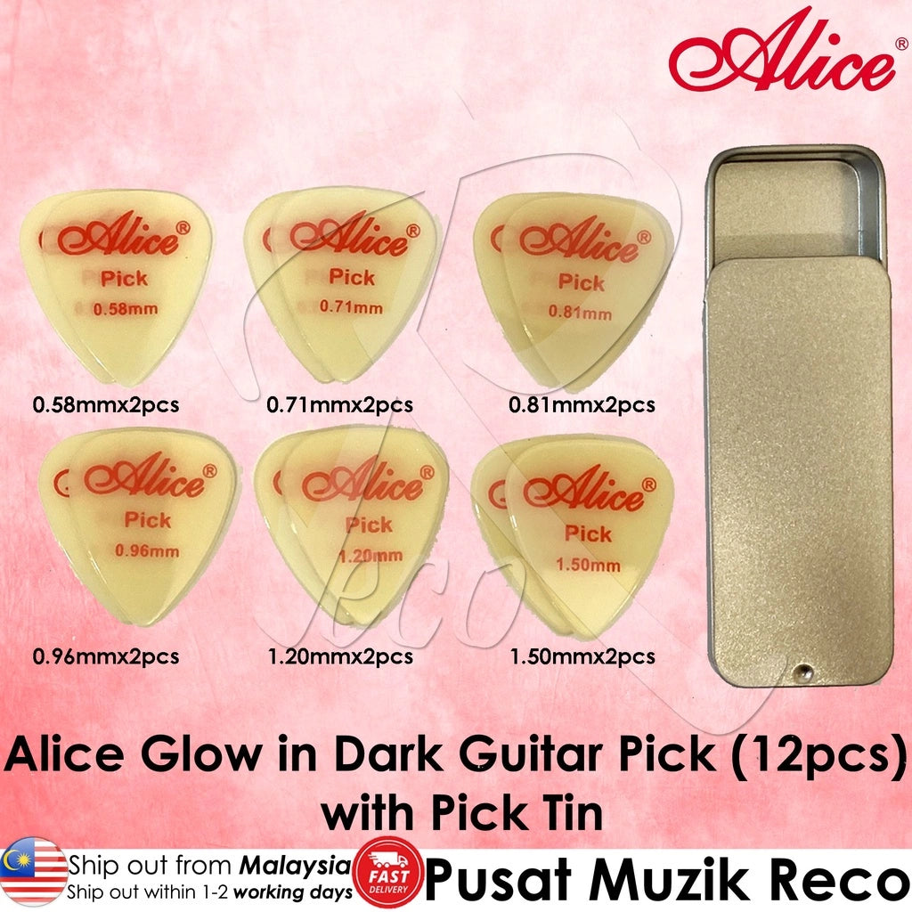 RM Alice GLOW IN DARK Luminous Fluorescent Guitar Pick (12pcs) Mixed Size with Aluminum Pick Tin Pick Case - Reco Music Malaysia