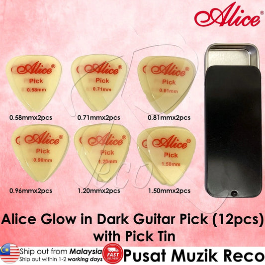 RM Alice GLOW IN DARK Luminous Fluorescent Guitar Pick (12pcs) Mixed Size with Aluminum Pick Tin Pick Case - Reco Music Malaysia