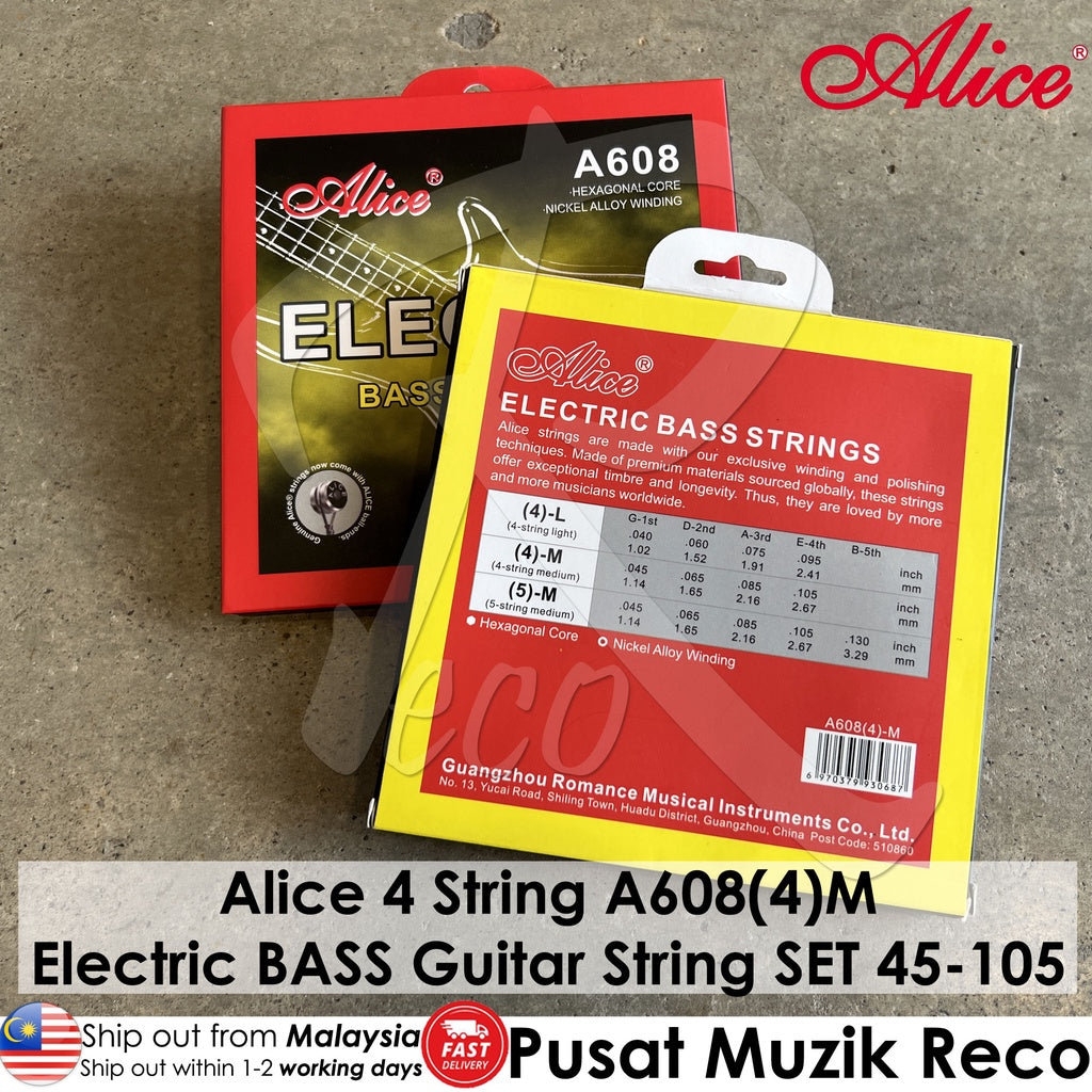 Alice A608(4) Medium 4-String Nickel Alloy Electric BASS Guitar String SET (45-105) - Reco Music Malaysia