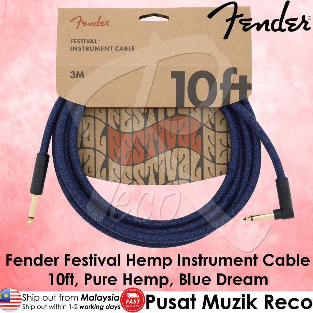 Fender 0990910073 Festival Hemp Braided Woven Angled Instrument Cable, 10ft, Straight-Angle, Blue Dream - Reco Music Malaysia