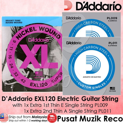 D'Addario EXL120 + PL009 + PL011 Nickel Wound Electric Guitar Strings, Super Light, 9-42 - Reco Music Malaysia